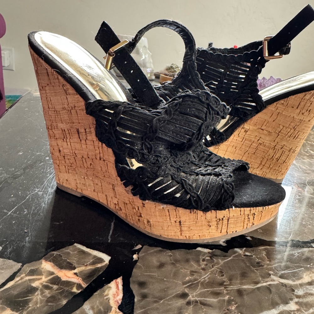 Carlos by Carlos Santana Cork Wedge 5 inch heel.  Black suede upper. Size 6.